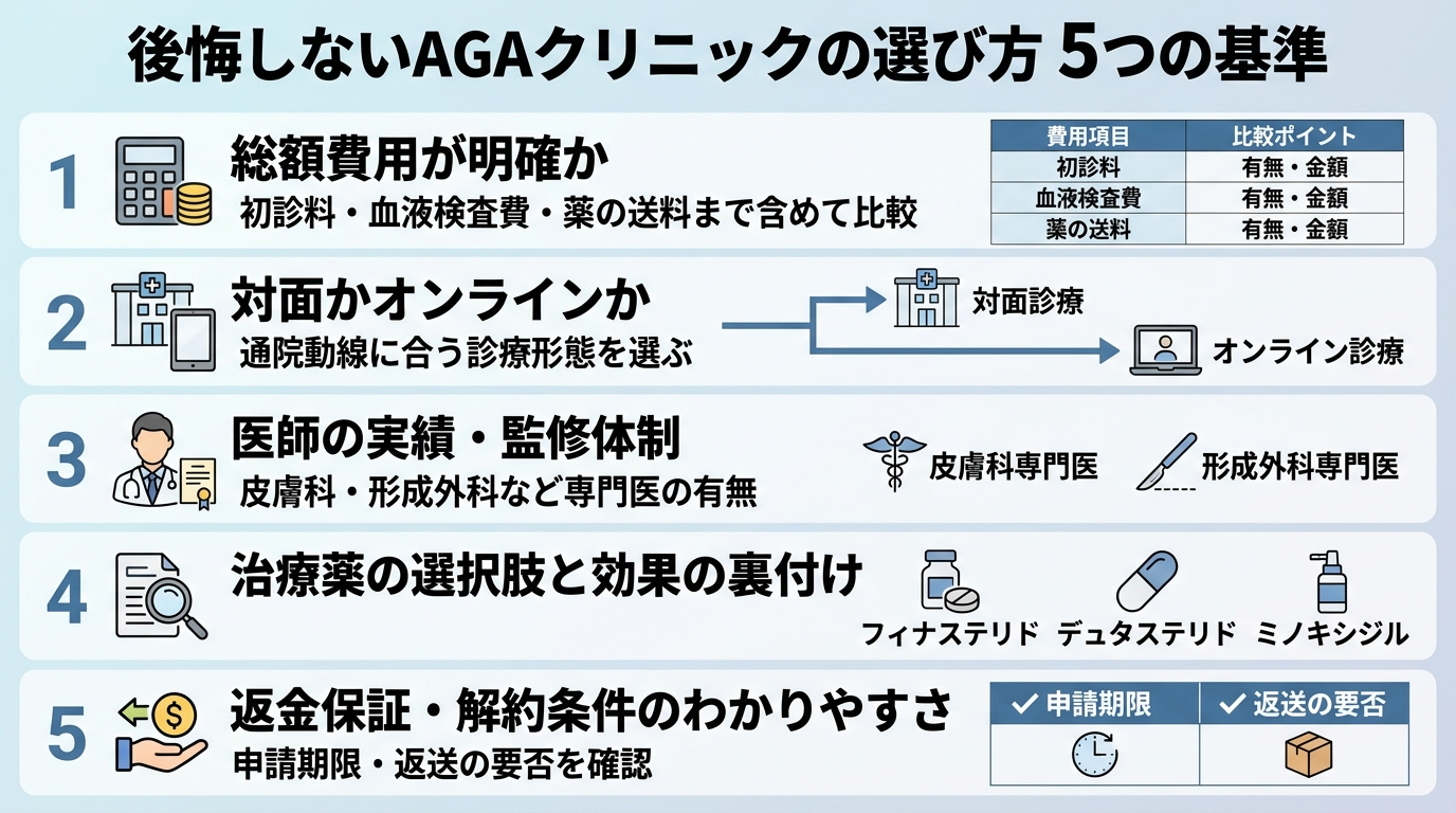 タイトル: 後悔しないAGAクリニックの選び方 5つの基準。縦並びチェックリスト。1. 総額費用が明確か（初診料・血液検査費・薬の送料まで含めて比較）。2. 対面かオンラインか（通院動線に合う診療形態を選ぶ）。3. 医師の実績・監修体制（皮膚科・形成外科など専門医の有無）。4. 治療薬の選択肢と効果の裏付け（フィナステリド・デュタステリド・ミノキシジル）。5. 返金保証・解約条件のわかりやすさ（申請期限・返送の要否を確認）。