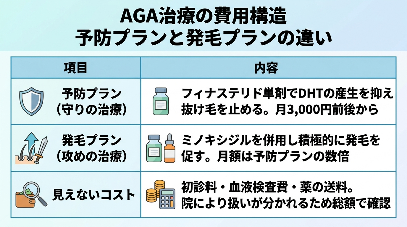 タイトル: AGA治療の費用構造 予防プランと発毛プランの違い。2列の比較表: ヘッダー行: 項目 | 内容。行1: 予防プラン（守りの治療） | フィナステリド単剤でDHTの産生を抑え抜け毛を止める。月3,000円前後から。行2: 発毛プラン（攻めの治療） | ミノキシジルを併用し積極的に発毛を促す。月額は予防プランの数倍。行3: 見えないコスト | 初診料・血液検査費・薬の送料。院により扱いが分かれるため総額で確認