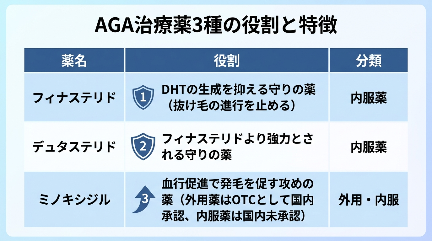 タイトル: AGA治療薬3種の役割と特徴。3列の表: ヘッダー行: 薬名 | 役割 | 分類。行1: フィナステリド | DHTの生成を抑える守りの薬(抜け毛の進行を止める) | 内服薬。行2: デュタステリド | フィナステリドより強力とされる守りの薬 | 内服薬。行3: ミノキシジル | 血行促進で発毛を促す攻めの薬(外用薬はOTCとして国内承認、内服薬は国内未承認) | 外用・内服。