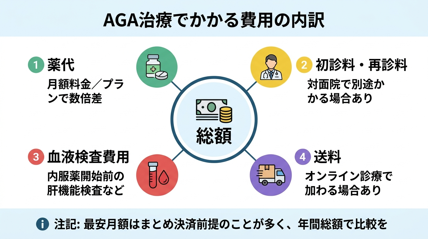タイトル: AGA治療でかかる費用の内訳。中央に「総額」を置き、周囲に4つの費用項目を配置: 項目1 薬代(月額料金/プランで数倍差)。項目2 初診料・再診料(対面院で別途かかる場合あり)。項目3 血液検査費用(内服薬開始前の肝機能検査など)。項目4 送料(オンライン診療で加わる場合あり)。下部に注記: 最安月額はまとめ決済前提のことが多く、年間総額で比較を。