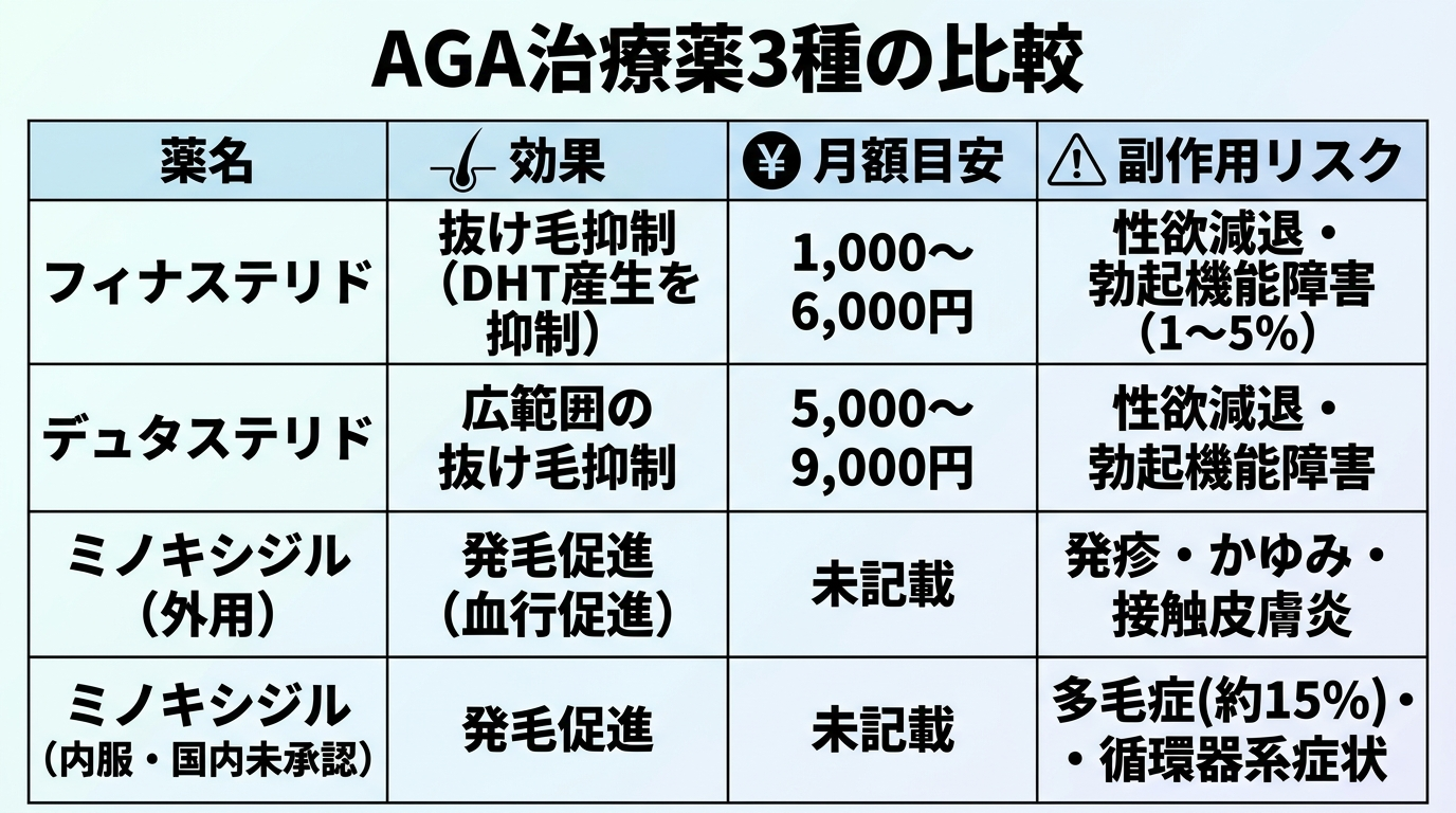タイトル: AGA治療薬3種の比較。4列の表: ヘッダー行: 薬名 | 効果 | 月額目安 | 副作用リスク。行1: フィナステリド | 抜け毛抑制(DHT産生を抑制) | 1,000〜6,000円 | 性欲減退・勃起機能障害(1〜5%)。行2: デュタステリド | 広範囲の抜け毛抑制 | 5,000〜9,000円 | 性欲減退・勃起機能障害。行3: ミノキシジル(外用) | 発毛促進(血行促進) | 発疹・かゆみ・接触皮膚炎。行4: ミノキシジル(内服・国内未承認) | 発毛促進 | 多毛症(約15%)・循環器系症状。