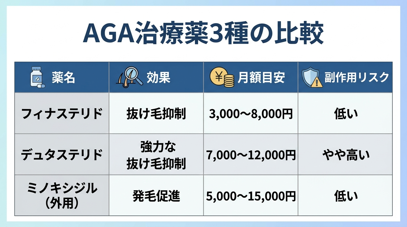 タイトル: AGA治療薬3種の比較。4列の表: ヘッダー行: 薬名 | 効果 | 月額目安 | 副作用リスク。行1: フィナステリド | 抜け毛抑制 | 3,000〜8,000円 | 低い。行2: デュタステリド | 強力な抜け毛抑制 | 7,000〜12,000円 | やや高い。行3: ミノキシジル(外用) | 発毛促進 | 5,000〜15,000円 | 低い