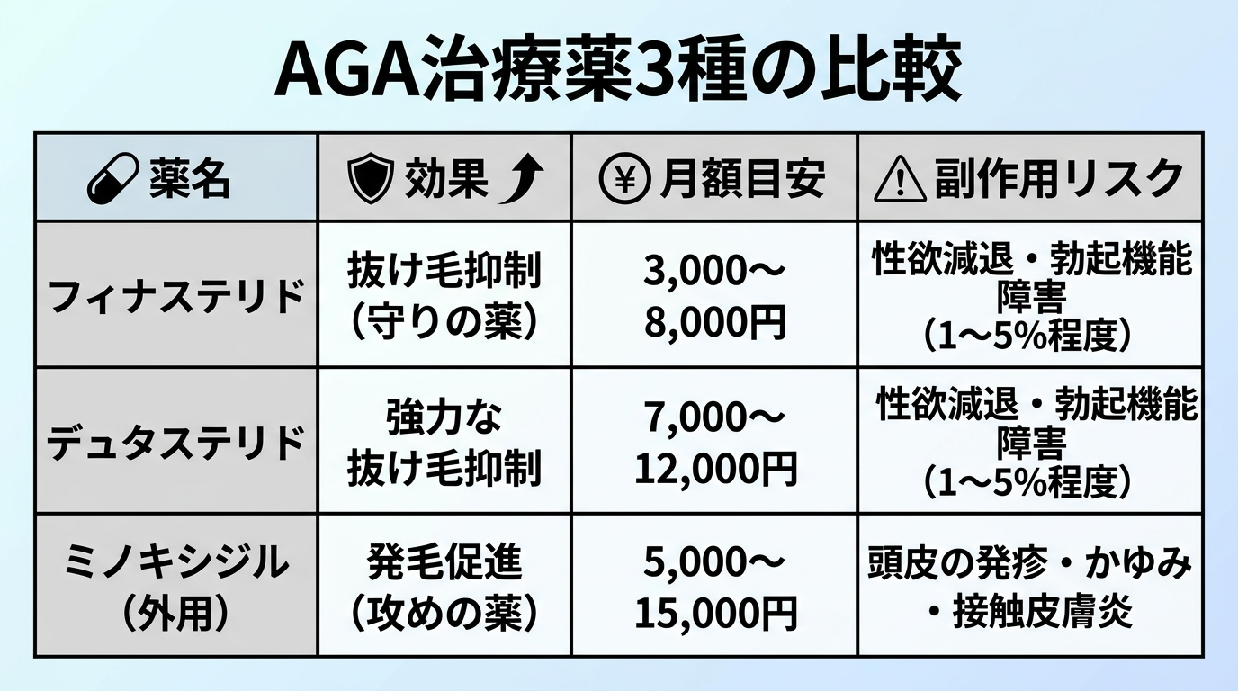 タイトル: AGA治療薬3種の比較。4列の表: ヘッダー行: 薬名 | 効果 | 月額目安 | 副作用リスク。行1: フィナステリド | 抜け毛抑制(守りの薬) | 3,000〜8,000円 | 性欲減退・勃起機能障害(1〜5%程度)。行2: デュタステリド | 強力な抜け毛抑制 | 7,000〜12,000円 | 性欲減退・勃起機能障害(1〜5%程度)。行3: ミノキシジル(外用) | 発毛促進(攻めの薬) | 5,000〜15,000円 | 頭皮の発疹・かゆみ・接触皮膚炎。