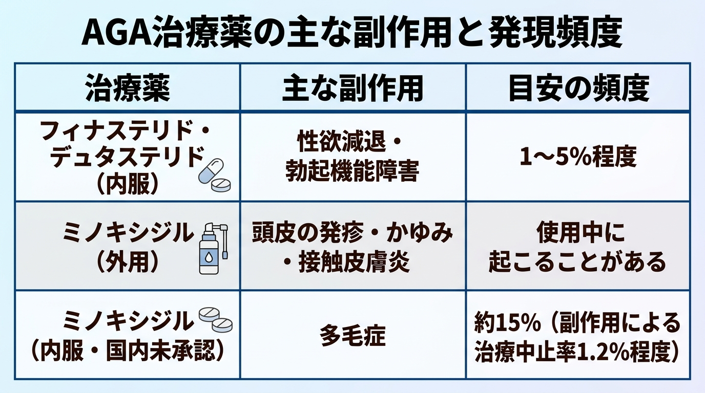 タイトル: AGA治療薬の主な副作用と発現頻度。3列の表: ヘッダー行: 治療薬 | 主な副作用 | 目安の頻度。行1: フィナステリド・デュタステリド（内服）| 性欲減退・勃起機能障害 | 1〜5%程度。行2: ミノキシジル（外用）| 頭皮の発疹・かゆみ・接触皮膚炎 | 使用中に起こることがある。行3: ミノキシジル（内服・国内未承認）| 多毛症 | 約15%（副作用による治療中止率1.2%程度）