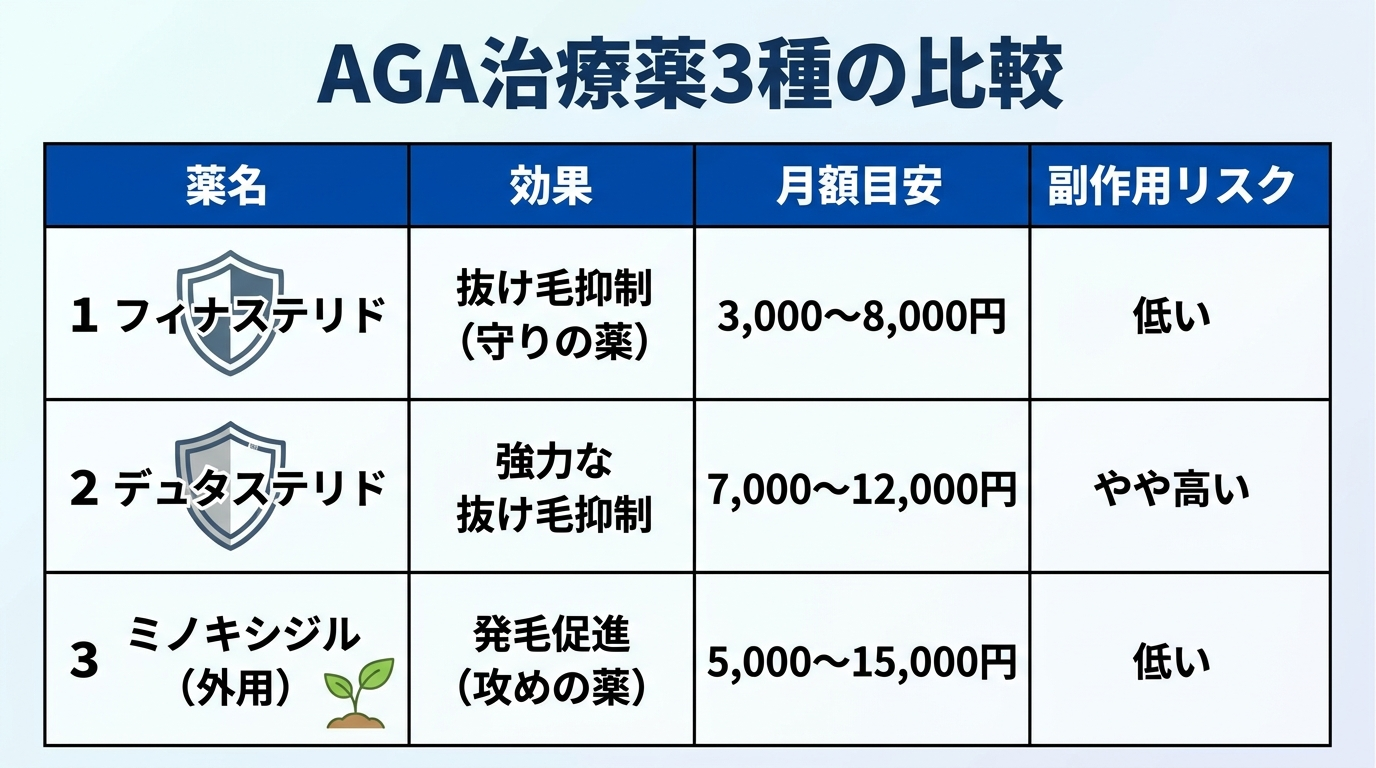 タイトル: AGA治療薬3種の比較。4列の表: ヘッダー行: 薬名 | 効果 | 月額目安 | 副作用リスク。行1: フィナステリド | 抜け毛抑制（守りの薬） | 3,000〜8,000円 | 低い。行2: デュタステリド | 強力な抜け毛抑制 | 7,000〜12,000円 | やや高い。行3: ミノキシジル（外用） | 発毛促進（攻めの薬） | 5,000〜15,000円 | 低い