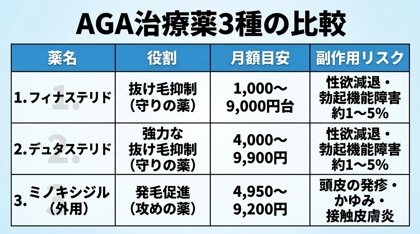 タイトル: AGA治療薬3種の比較。4列の表: ヘッダー行: 薬名 | 役割 | 月額目安 | 副作用リスク。行1: フィナステリド | 抜け毛抑制(守りの薬) | 1,000〜9,000円台 | 性欲減退・勃起機能障害 約1〜5%。行2: デュタステリド | 強力な抜け毛抑制(守りの薬) | 4,000〜9,900円 | 性欲減退・勃起機能障害 約1〜5%。行3: ミノキシジル(外用) | 発毛促進(攻めの薬) | 4,950〜9,200円 | 頭皮の発疹・かゆみ・接触皮膚炎。