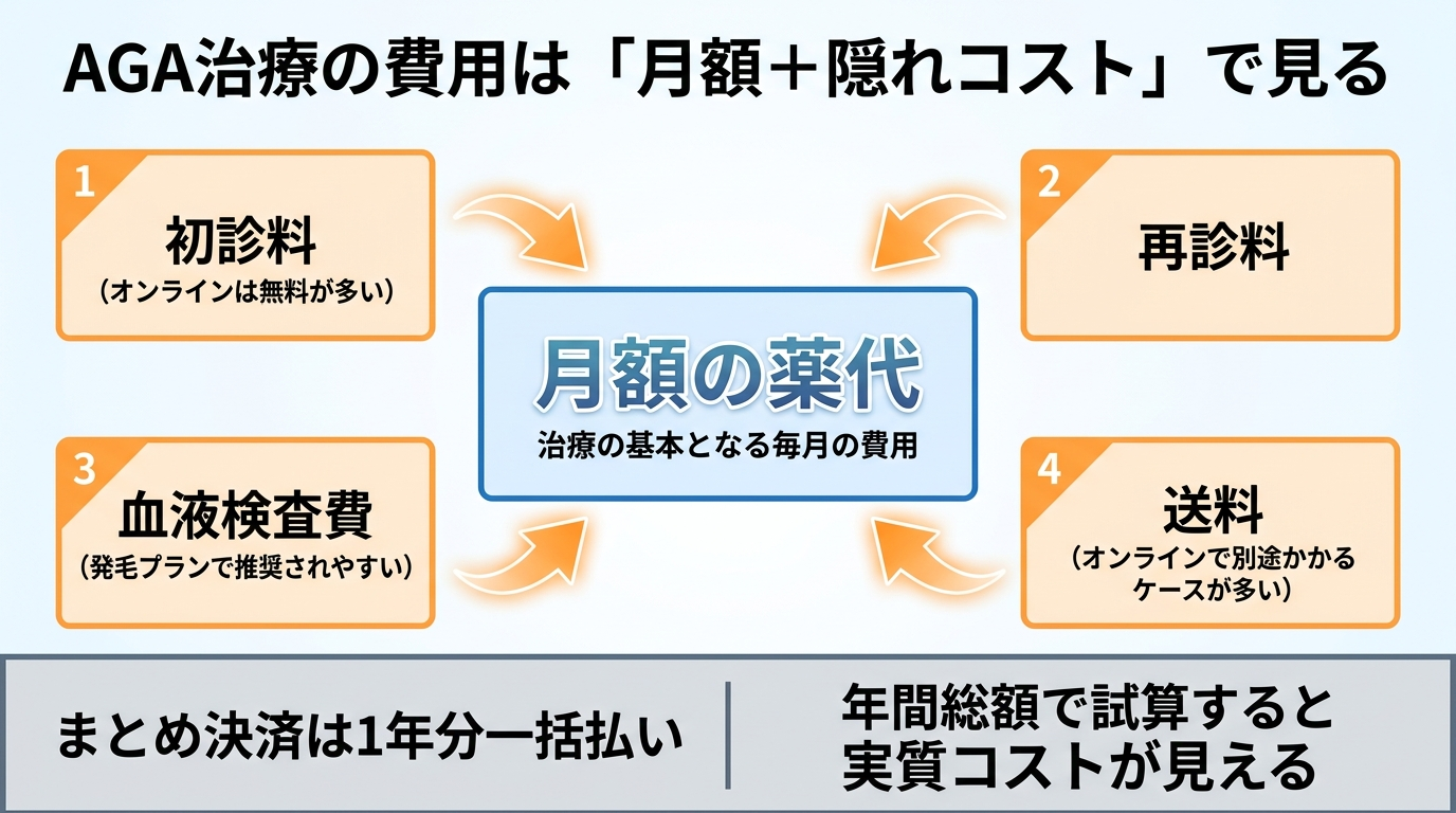 タイトル: AGA治療の費用は「月額+隠れコスト」で見る。中央に月額の薬代を置き、周囲に加算される費用項目を並べた費用内訳インフォグラフィック。中央: 月額の薬代。加算項目1: 初診料(オンラインは無料が多い)。加算項目2: 再診料。加算項目3: 血液検査費(発毛プランで推奨されやすい)。加算項目4: 送料(オンラインで別途かかるケースが多い)。下部の帯: まとめ決済は1年分一括払い。年間総額で試算すると実質コストが見える