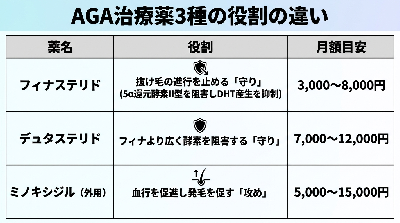 タイトル: AGA治療薬3種の役割の違い。3列の比較表。ヘッダー行: 薬名 | 役割 | 月額目安。行1: フィナステリド | 抜け毛の進行を止める「守り」(5α還元酵素II型を阻害しDHT産生を抑制) | 3,000〜8,000円。行2: デュタステリド | フィナより広く酵素を阻害する「守り」 | 7,000〜12,000円。行3: ミノキシジル(外用) | 血行を促進し発毛を促す「攻め」 | 5,000〜15,000円