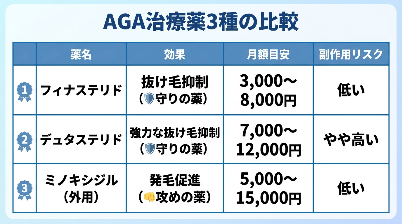 タイトル: AGA治療薬3種の比較。4列の表: ヘッダー行: 薬名 | 効果 | 月額目安 | 副作用リスク。行1: フィナステリド | 抜け毛抑制（守りの薬） | 3,000〜8,000円 | 低い。行2: デュタステリド | 強力な抜け毛抑制（守りの薬） | 7,000〜12,000円 | やや高い。行3: ミノキシジル（外用） | 発毛促進（攻めの薬） | 5,000〜15,000円 | 低い