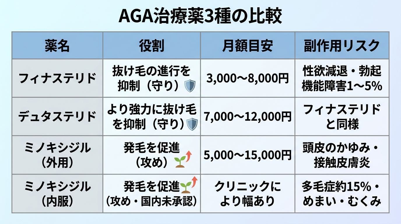 タイトル: AGA治療薬3種の比較。4列の表: ヘッダー行: 薬名 | 役割 | 月額目安 | 副作用リスク。行1: フィナステリド | 抜け毛の進行を抑制(守り) | 3,000〜8,000円 | 性欲減退・勃起機能障害1〜5%。行2: デュタステリド | より強力に抜け毛を抑制(守り) | 7,000〜12,000円 | フィナステリドと同様。行3: ミノキシジル(外用) | 発毛を促進(攻め) | 5,000〜15,000円 | 頭皮のかゆみ・接触皮膚炎。行4: ミノキシジル(内服) | 発毛を促進(攻め・国内未承認) | クリニックにより幅あり | 多毛症約15%・めまい・むくみ