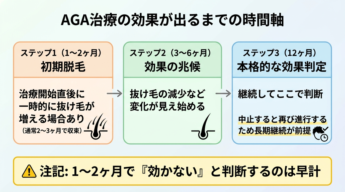 タイトル: AGA治療の効果が出るまでの時間軸。横並び3ステップのタイムライン図: ステップ1(1〜2ヶ月)初期脱毛:治療開始直後に一時的に抜け毛が増える場合あり(通常2〜3ヶ月で収束)。ステップ2(3〜6ヶ月)効果の兆候:抜け毛の減少など変化が見え始める。ステップ3(12ヶ月)本格的な効果判定:継続してここで判断。注記: 1〜2ヶ月で『効かない』と判断するのは早計。中止すると再び進行するため長期継続が前提