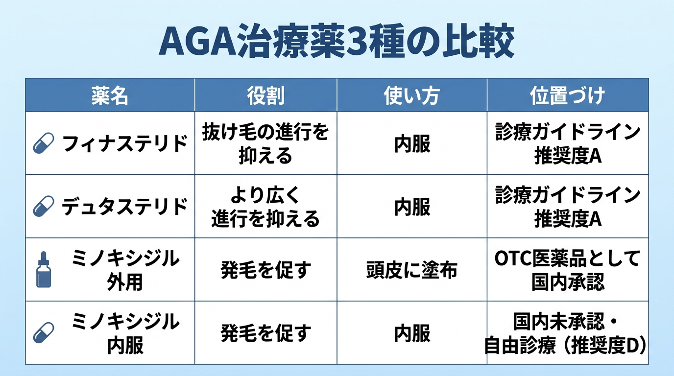 タイトル: AGA治療薬3種の比較。4列の表: ヘッダー行: 薬名 | 役割 | 使い方 | 位置づけ。行1: フィナステリド | 抜け毛の進行を抑える | 内服 | 診療ガイドライン推奨度A。行2: デュタステリド | より広く進行を抑える | 内服 | 診療ガイドライン推奨度A。行3: ミノキシジル外用 | 発毛を促す | 頭皮に塗布 | OTC医薬品として国内承認。行4: ミノキシジル内服 | 発毛を促す | 内服 | 国内未承認・自由診療（推奨度D）