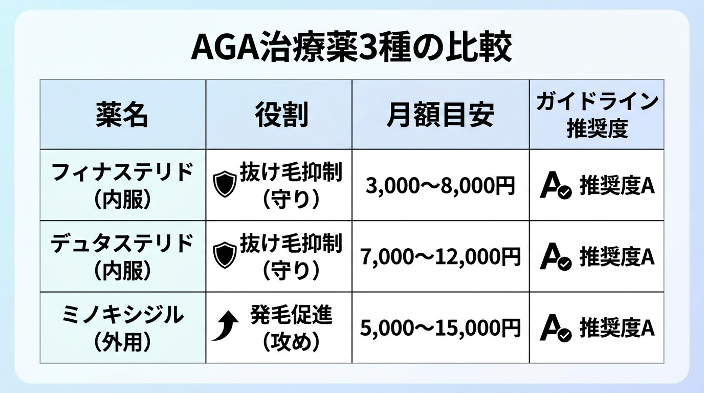 タイトル: AGA治療薬3種の比較。4列の表: ヘッダー行: 薬名 | 役割 | 月額目安 | ガイドライン推奨度。行1: フィナステリド（内服） | 抜け毛抑制（守り） | 3,000〜8,000円 | 推奨度A。行2: デュタステリド（内服） | 抜け毛抑制（守り） | 7,000〜12,000円 | 推奨度A。行3: ミノキシジル（外用） | 発毛促進（攻め） | 5,000〜15,000円 | 推奨度A