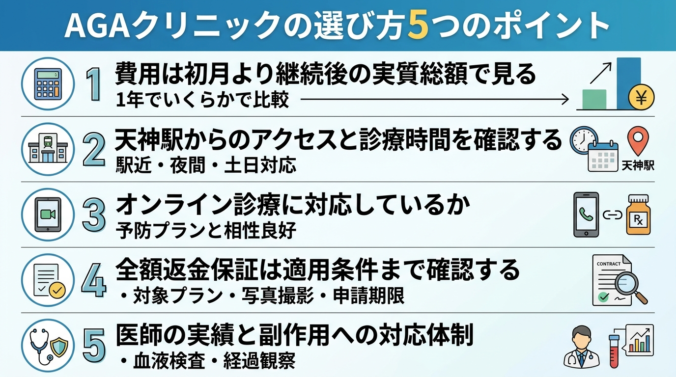 タイトル: AGAクリニックの選び方5つのポイント。縦並びチェックリスト形式で: 1. 費用は初月より継続後の実質総額で見る（1年でいくらかで比較）。2. 天神駅からのアクセスと診療時間を確認する（駅近・夜間・土日対応）。3. オンライン診療に対応しているか（予防プランと相性良好）。4. 全額返金保証は適用条件まで確認する（対象プラン・写真撮影・申請期限）。5. 医師の実績と副作用への対応体制（血液検査・経過観察）