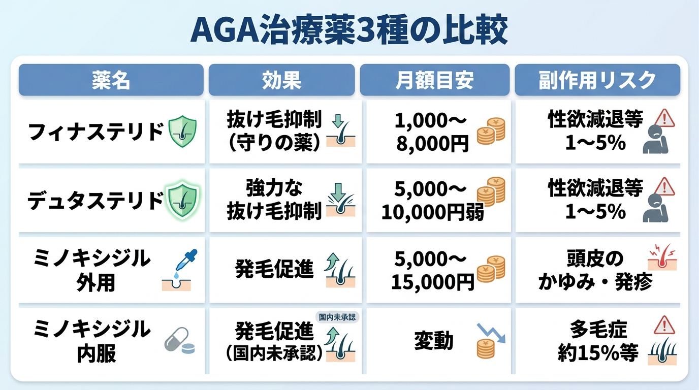 タイトル: AGA治療薬3種の比較。4列の表: ヘッダー行: 薬名 | 効果 | 月額目安 | 副作用リスク。行1: フィナステリド | 抜け毛抑制(守りの薬) | 1,000〜8,000円 | 性欲減退等1〜5%。行2: デュタステリド | 強力な抜け毛抑制 | 5,000〜10,000円弱 | 性欲減退等1〜5%。行3: ミノキシジル外用 | 発毛促進 | 5,000〜15,000円 | 頭皮のかゆみ・発疹。行4: ミノキシジル内服 | 発毛促進(国内未承認) | 変動 | 多毛症約15%等。