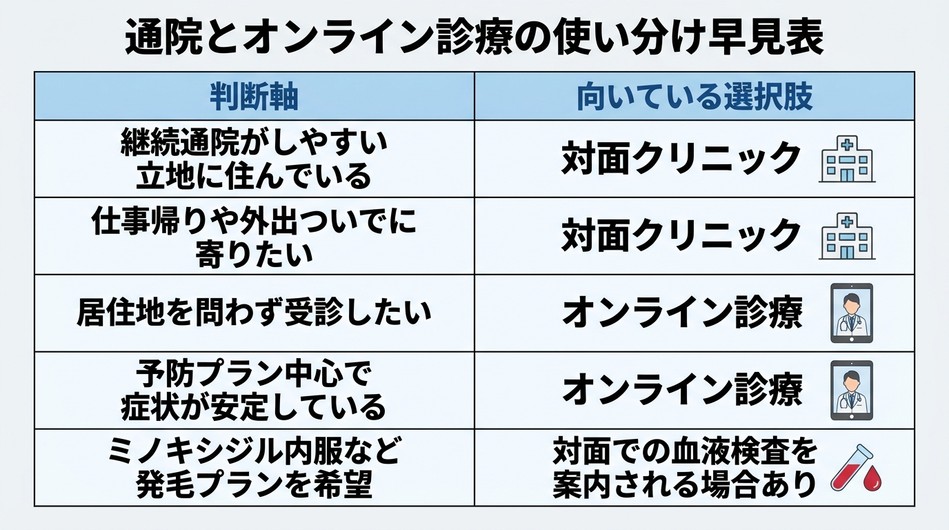 タイトル: 通院とオンライン診療の使い分け早見表。2列の比較表: ヘッダー行: 判断軸 | 向いている選択肢。行1: 継続通院がしやすい立地に住んでいる | 対面クリニック。行2: 仕事帰りや外出ついでに寄りたい | 対面クリニック。行3: 居住地を問わず受診したい | オンライン診療。行4: 予防プラン中心で症状が安定している | オンライン診療。行5: ミノキシジル内服など発毛プランを希望 | 対面での血液検査を案内される場合あり