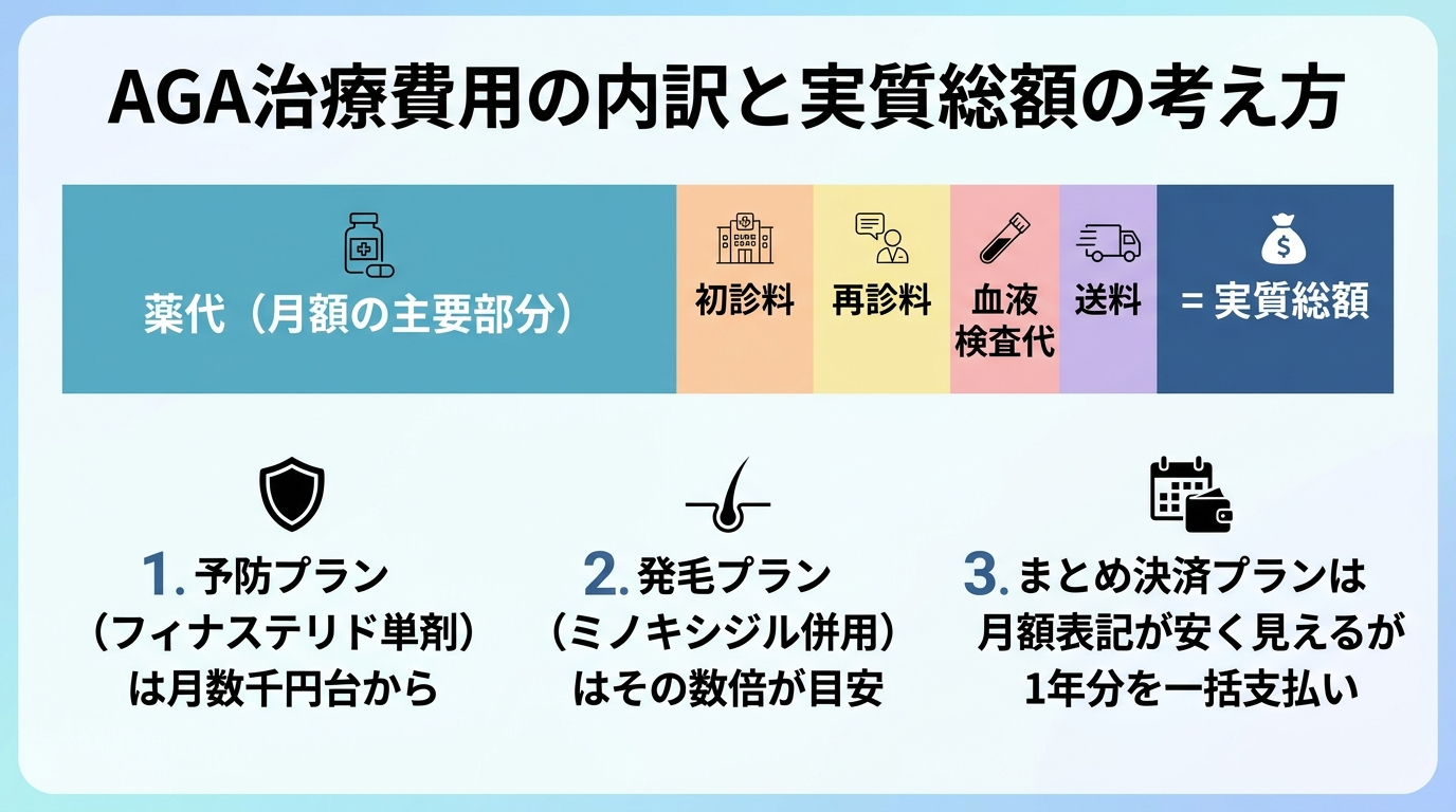 タイトル: AGA治療費用の内訳と実質総額の考え方。円グラフまたは積み上げ図で費用構成を表示: 薬代(月額の主要部分)+ 初診料 + 再診料 + 血液検査代 + 送料 = 実質総額。補足テキスト: 予防プラン(フィナステリド単剤)は月数千円台から、発毛プラン(ミノキシジル併用)はその数倍が目安。まとめ決済プランは月額表記が安く見えるが1年分を一括支払い