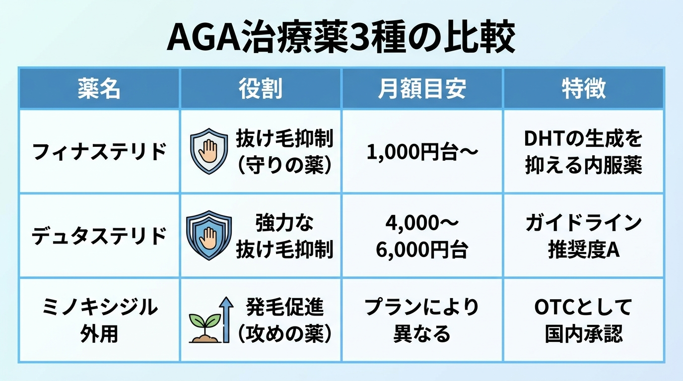 タイトル: AGA治療薬3種の比較。4列の表: ヘッダー行: 薬名 | 役割 | 月額目安 | 特徴。行1: フィナステリド | 抜け毛抑制(守りの薬) | 1,000円台〜 | DHTの生成を抑える内服薬。行2: デュタステリド | 強力な抜け毛抑制 | 4,000〜6,000円台 | ガイドライン推奨度A。行3: ミノキシジル外用 | 発毛促進(攻めの薬) | プランにより異なる | OTCとして国内承認。