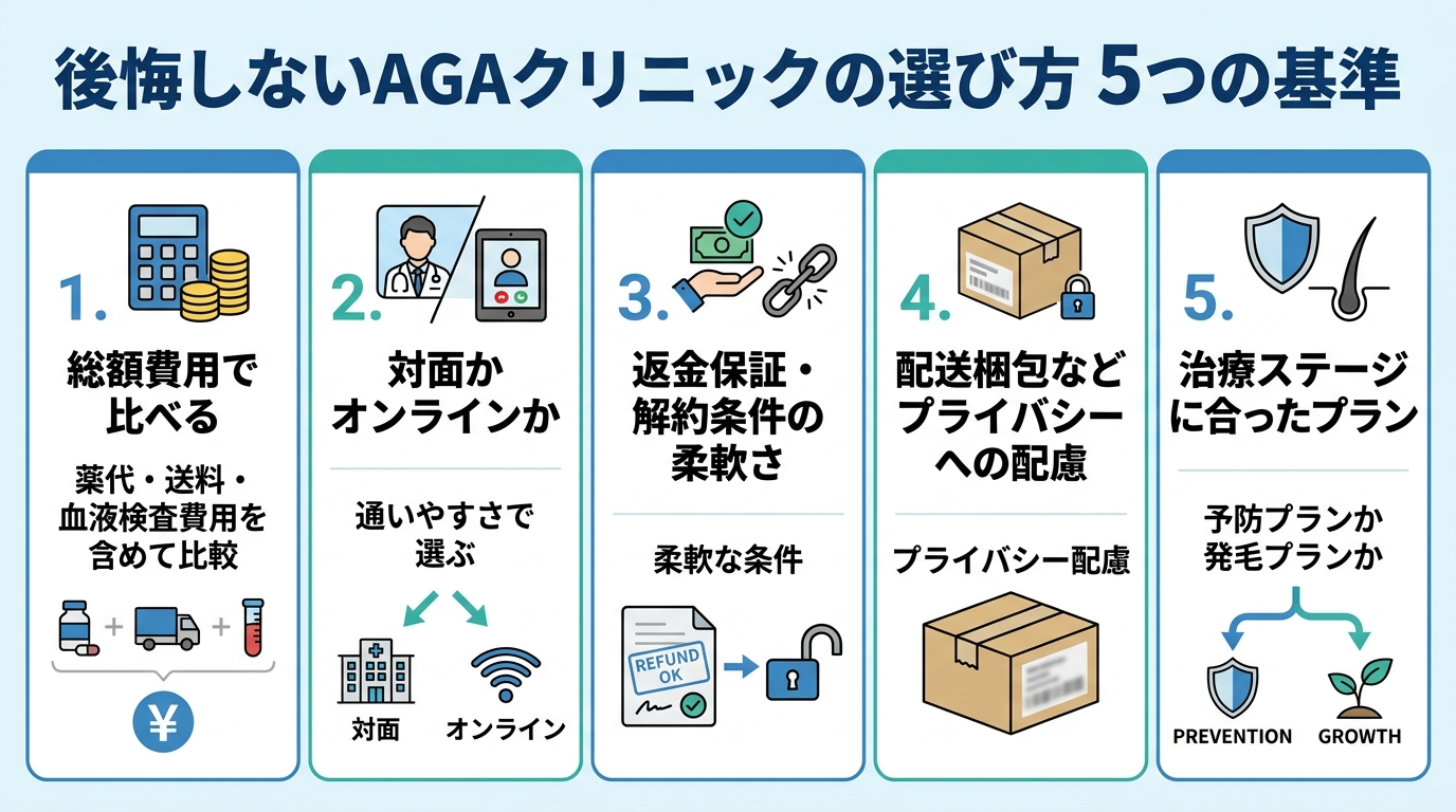 タイトル: 後悔しないAGAクリニックの選び方 5つの基準。縦型チェックリスト: 1. 総額費用で比べる(薬代・送料・血液検査費用を含めて比較)。2. 対面かオンラインか(通いやすさで選ぶ)。3. 返金保証・解約条件の柔軟さ。4. 配送梱包などプライバシーへの配慮。5. 治療ステージに合ったプラン(予防プランか発毛プランか)。