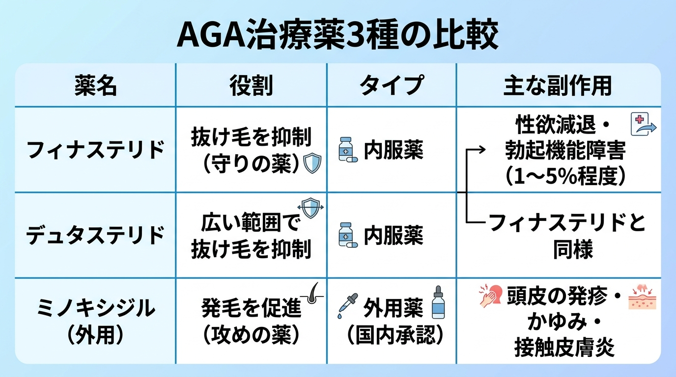 タイトル: AGA治療薬3種の比較。4列の表: ヘッダー行: 薬名 | 役割 | タイプ | 主な副作用。行1: フィナステリド | 抜け毛を抑制(守りの薬) | 内服薬 | 性欲減退・勃起機能障害(1〜5%程度)。行2: デュタステリド | 広い範囲で抜け毛を抑制 | 内服薬 | フィナステリドと同様。行3: ミノキシジル(外用) | 発毛を促進(攻めの薬) | 外用薬(国内承認) | 頭皮の発疹・かゆみ・接触皮膚炎。