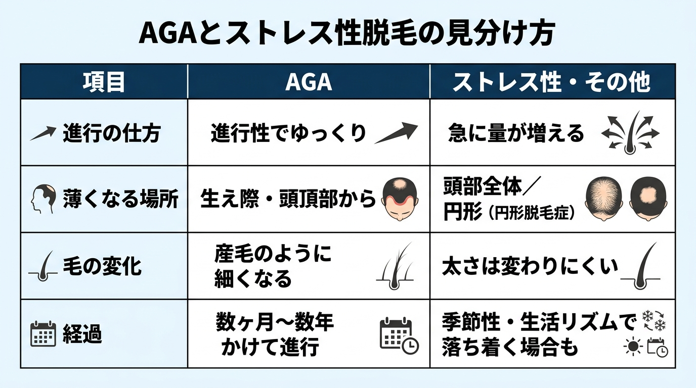 タイトル: AGAとストレス性脱毛の見分け方。2列の比較表: ヘッダー行: 項目 | AGA | ストレス性・その他。行1: 進行の仕方 | 進行性でゆっくり | 急に量が増える。行2: 薄くなる場所 | 生え際・頭頂部から | 頭部全体/円形(円形脱毛症)。行3: 毛の変化 | 産毛のように細くなる | 太さは変わりにくい。行4: 経過 | 数ヶ月〜数年かけて進行 | 季節性・生活リズムで落ち着く場合も。