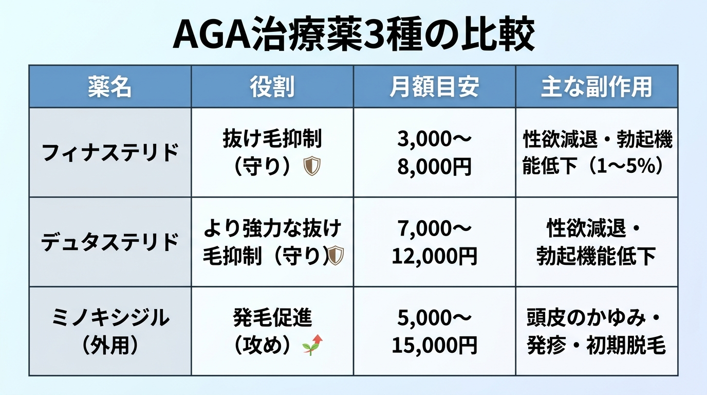 タイトル: AGA治療薬3種の比較。4列の表。ヘッダー行: 薬名 | 役割 | 月額目安 | 主な副作用。行1: フィナステリド | 抜け毛抑制(守り) | 3,000〜8,000円 | 性欲減退・勃起機能低下(1〜5%)。行2: デュタステリド | より強力な抜け毛抑制(守り) | 7,000〜12,000円 | 性欲減退・勃起機能低下。行3: ミノキシジル(外用) | 発毛促進(攻め) | 5,000〜15,000円 | 頭皮のかゆみ・発疹・初期脱毛
