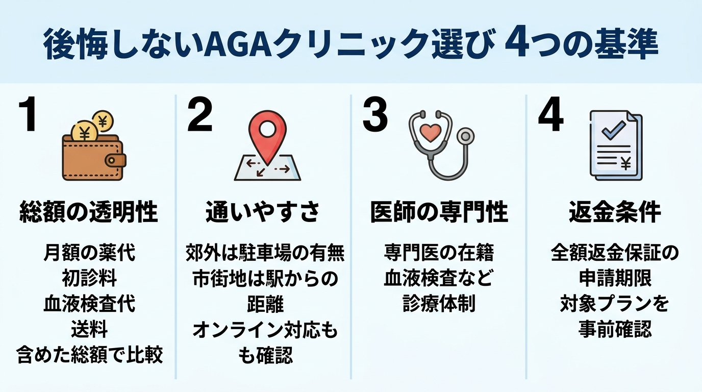 タイトル: 後悔しないAGAクリニック選び 4つの基準。縦並び4項目のチェックリスト形式で: 1(財布アイコン)総額の透明性: 月額の薬代だけでなく初診料・血液検査代・送料を含めた総額で比較。2(地図ピンアイコン)通いやすさ: 郊外は駐車場の有無、市街地は駅からの距離。オンライン対応も確認。3(聴診器アイコン)医師の専門性: 専門医の在籍や血液検査など診療体制。4(書類アイコン)返金条件: 全額返金保証の申請期限・対象プランを事前確認。