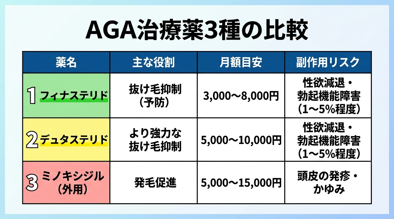 タイトル: AGA治療薬3種の比較。4列の表: ヘッダー行: 薬名 | 主な役割 | 月額目安 | 副作用リスク。行1: フィナステリド | 抜け毛抑制(予防) | 3,000〜8,000円 | 性欲減退・勃起機能障害(1〜5%程度)。行2: デュタステリド | より強力な抜け毛抑制 | 5,000〜10,000円 | 性欲減退・勃起機能障害(1〜5%程度)。行3: ミノキシジル(外用) | 発毛促進 | 5,000〜15,000円 | 頭皮の発疹・かゆみ