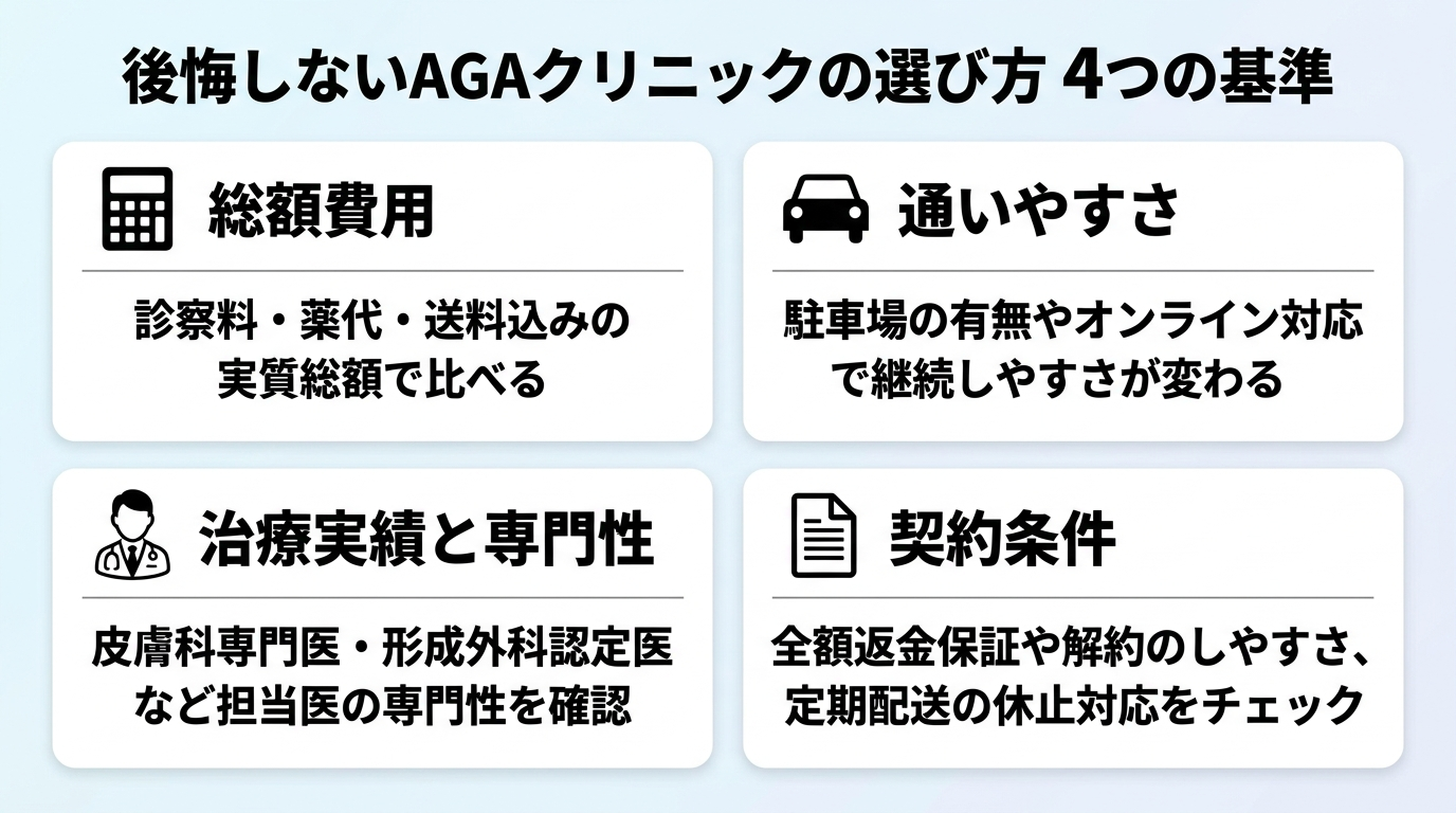 タイトル: 後悔しないAGAクリニックの選び方 4つの基準。2×2のカード型レイアウト: カード1(電卓のアイコン)総額費用 - 診察料・薬代・送料込みの実質総額で比べる。カード2(車のアイコン)通いやすさ - 駐車場の有無やオンライン対応で継続しやすさが変わる。カード3(医師のアイコン)治療実績と専門性 - 皮膚科専門医・形成外科認定医など担当医の専門性を確認。カード4(書類のアイコン)契約条件 - 全額返金保証や解約のしやすさ、定期配送の休止対応をチェック