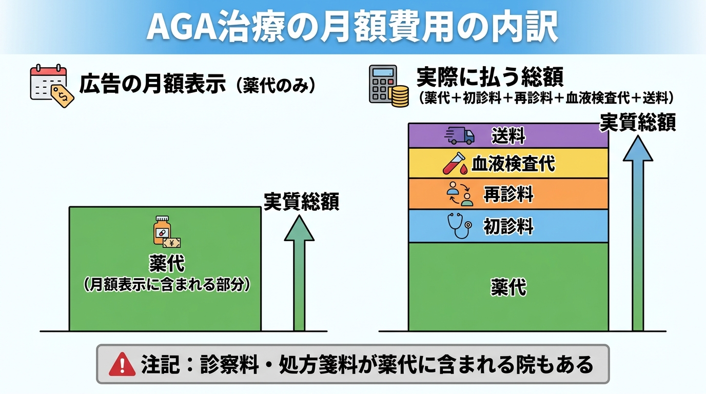 タイトル: AGA治療の月額費用の内訳。縦積みの費用構成図: 薬代(月額表示に含まれる部分)を土台に、その上に初診料、再診料、血液検査代、送料を積み上げて『実質総額』になることを示す。左に『広告の月額表示』(薬代のみ)、右に『実際に払う総額』(薬代+初診料+再診料+血液検査代+送料)を対比。注記: 診察料・処方箋料が薬代に含まれる院もある