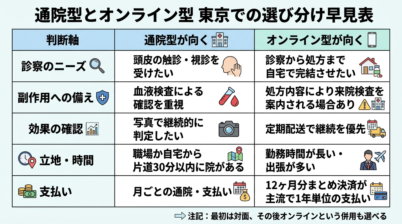 タイトル: 通院型とオンライン型 東京での選び分け早見表。3列の表: ヘッダー行: 判断軸 | 通院型が向く | オンライン型が向く。行1: 診察のニーズ | 頭皮の触診・視診を受けたい | 診察から処方まで自宅で完結させたい。行2: 副作用への備え | 血液検査による確認を重視 | 処方内容により来院検査を案内される場合あり。行3: 効果の確認 | 写真で継続的に判定したい | 定期配送で継続を優先。行4: 立地・時間 | 職場か自宅から片道30分以内に院がある | 勤務時間が長い・出張が多い。行5: 支払い | 月ごとの通院・支払い | 12ヶ月分まとめ決済が主流で1年単位の支払い。表の下に注記: 最初は対面、その後オンラインという併用も選べる