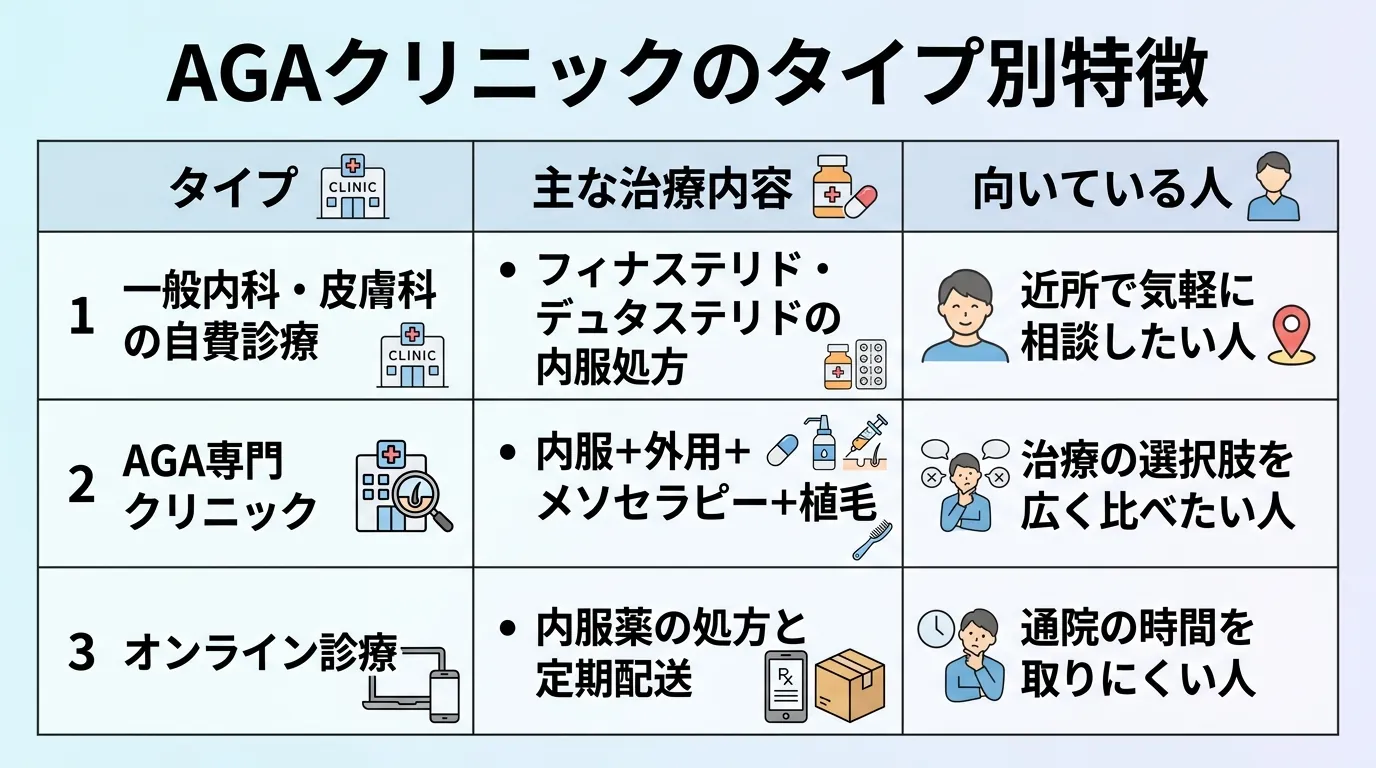 タイトル: AGAクリニックのタイプ別特徴。3列の表: ヘッダー行: タイプ | 主な治療内容 | 向いている人。行1: 一般内科・皮膚科の自費診療 | フィナステリド・デュタステリドの内服処方 | 近所で気軽に相談したい人。行2: AGA専門クリニック | 内服+外用+メソセラピー+植毛 | 治療の選択肢を広く比べたい人。行3: オンライン診療 | 内服薬の処方と定期配送 | 通院の時間を取りにくい人