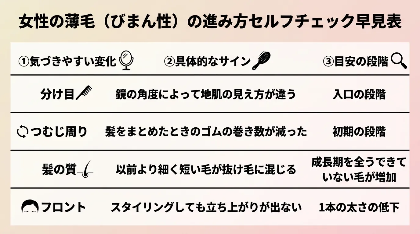 女性の薄毛（びまん性）の進み方セルフチェック早見表