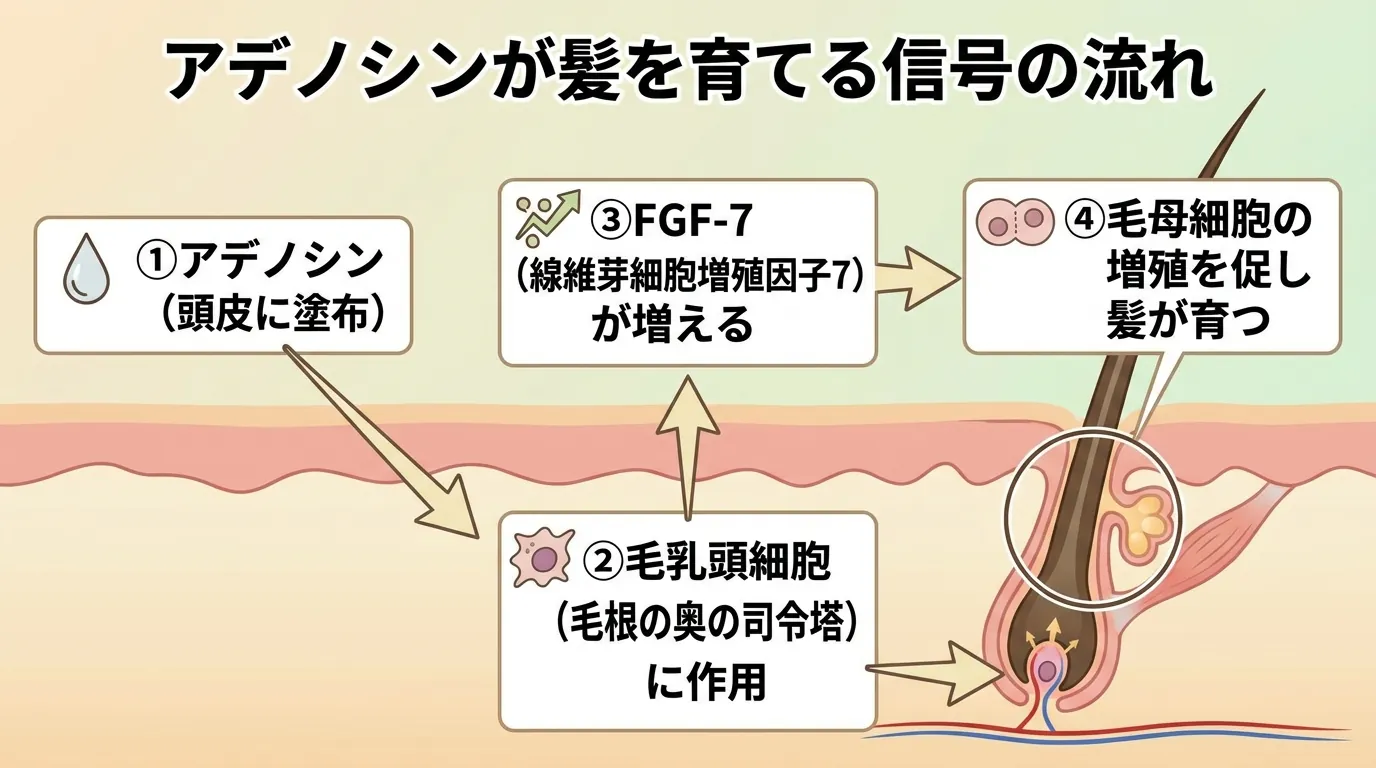アデノシンが髪を育てる信号の流れ