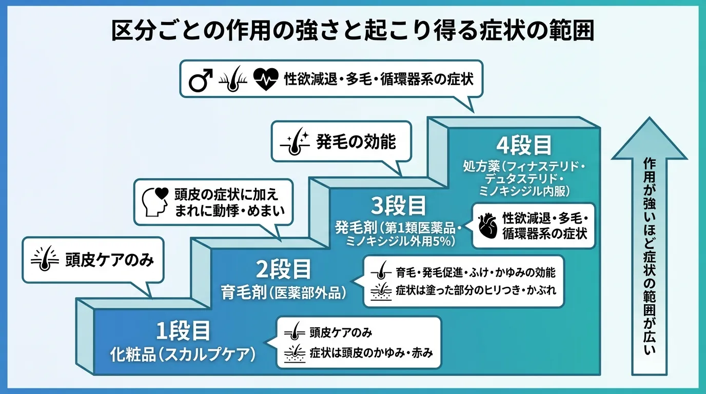 区分ごとの作用の強さと起こり得る症状の範囲