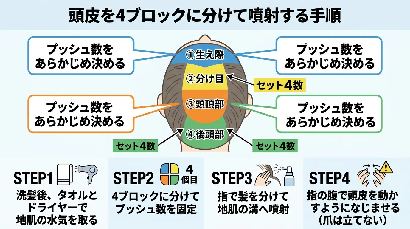 頭皮を4ブロックに分けて噴射する手順