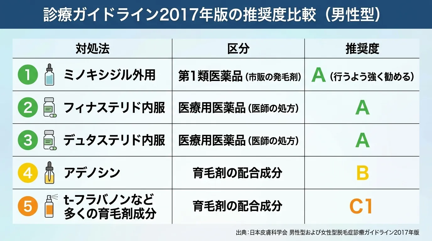 診療ガイドライン2017年版の推奨度比較(男性型)