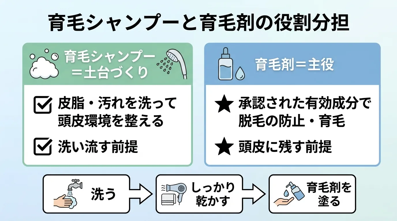 育毛シャンプーと育毛剤の役割分担