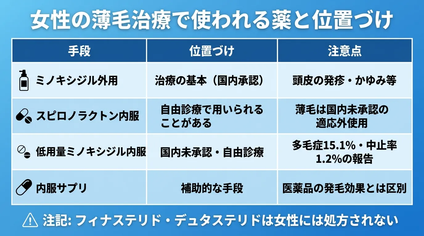 女性の薄毛治療で使われる薬と位置づけ