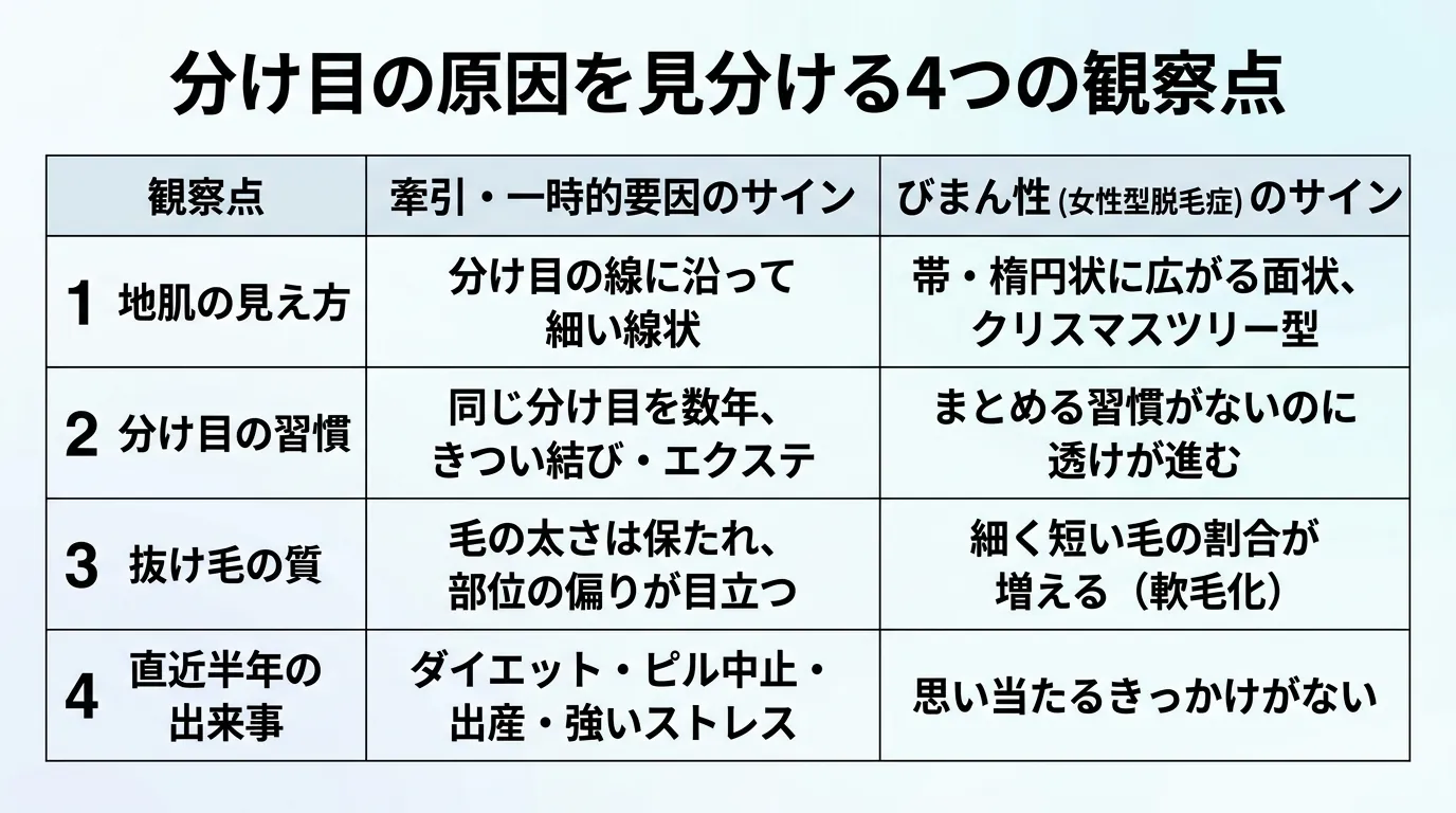 分け目の原因を見分ける4つの観察点