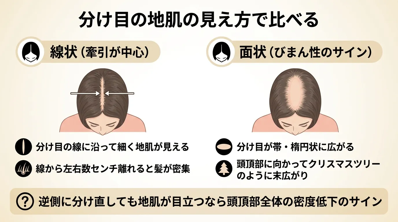 分け目の地肌の見え方で比べる