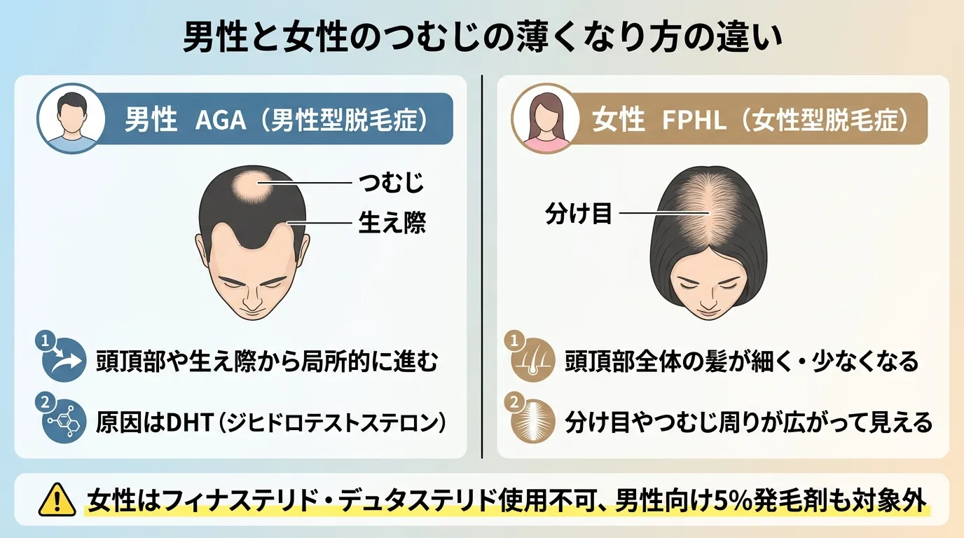 男性と女性のつむじの薄くなり方の違い