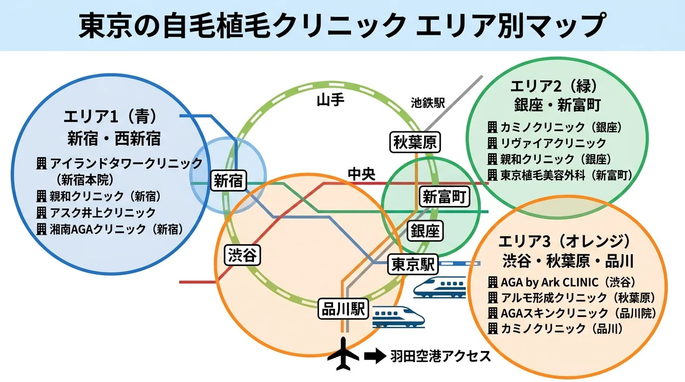 東京の自毛植毛クリニック エリア別マップ