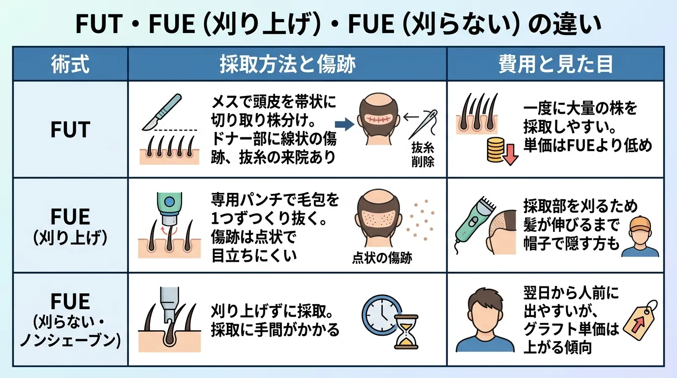 FUT・FUE(刈り上げ)・FUE(刈らない)の違い