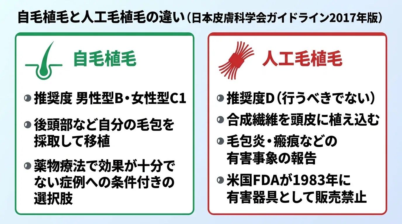 自毛植毛と人工毛植毛の違い(日本皮膚科学会ガイドライン2017年版)