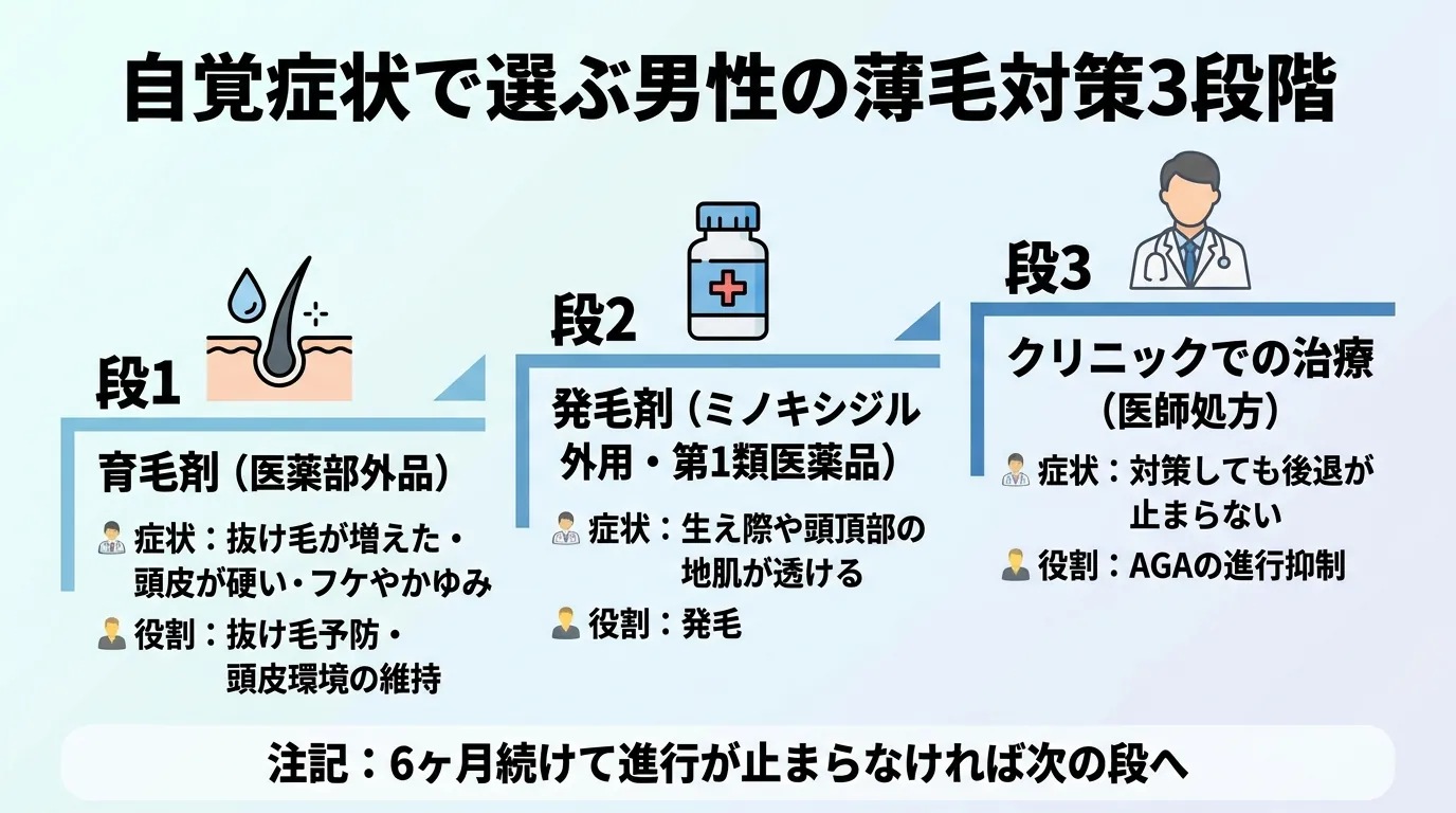 自覚症状で選ぶ男性の薄毛対策3段階