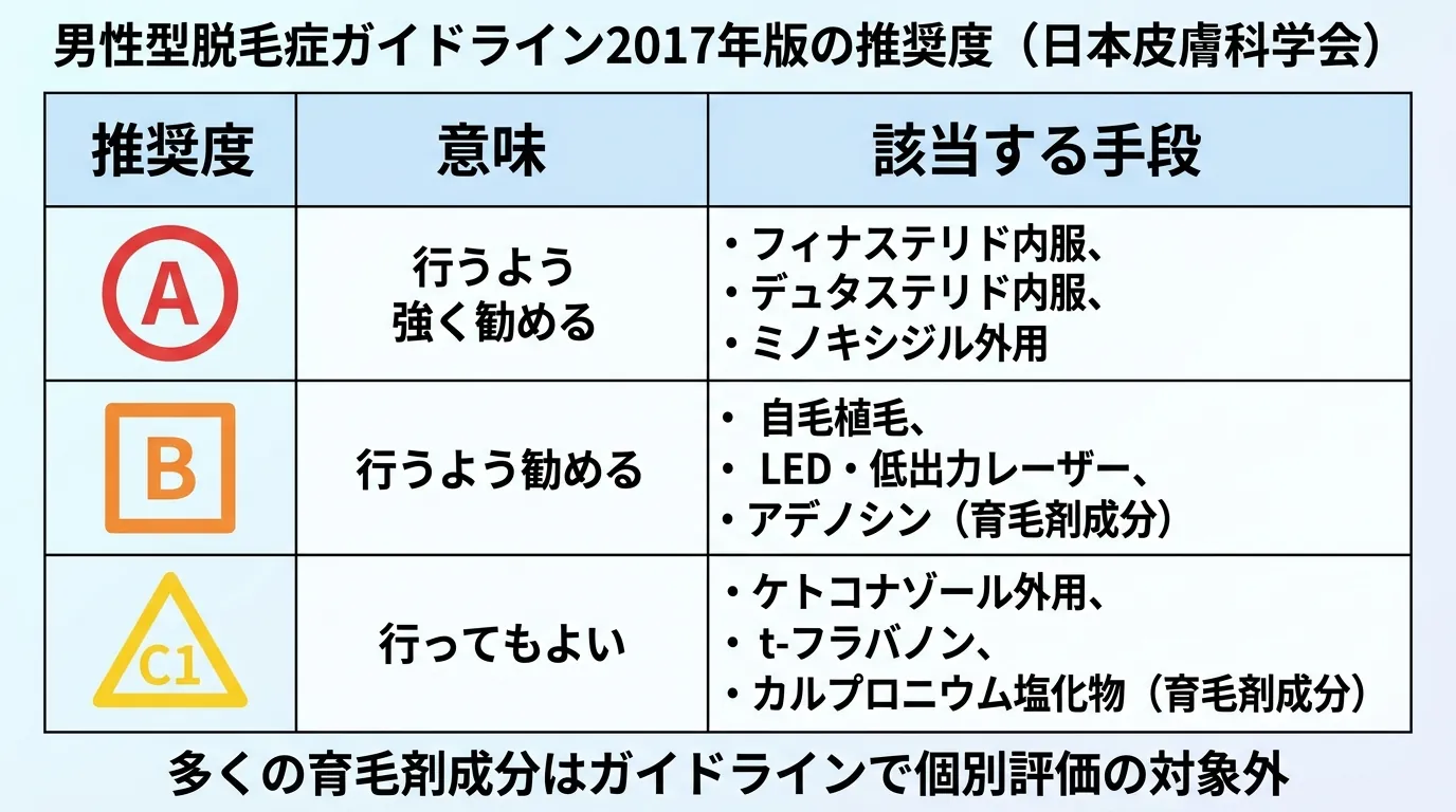 男性型脱毛症ガイドライン2017年版の推奨度(日本皮膚科学会)