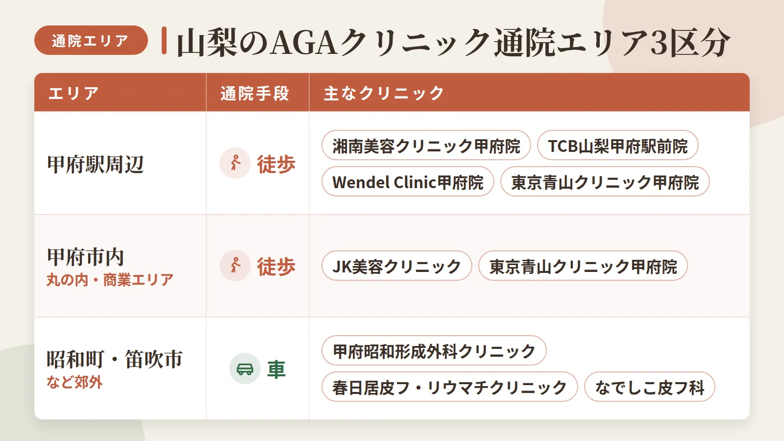 タイトル: 山梨のAGAクリニック通院エリア3区分。3列の表: ヘッダー行: エリア | 通院手段 | 主なクリニック。行1: 甲府駅周辺 | 徒歩 | 湘南美容クリニック甲府院・TCB山梨甲府駅前院・Wendel Clinic甲府院・東京青山クリニック甲府院。行2: 甲府市内 丸の内・商業エリア | 徒歩 | JK美容クリニック・東京青山クリニック甲府院。行3: 昭和町・笛吹市など郊外 | 車 | 甲府昭和形成外科クリニック・春日居皮フ・リウマチクリニック・なでしこ皮フ科