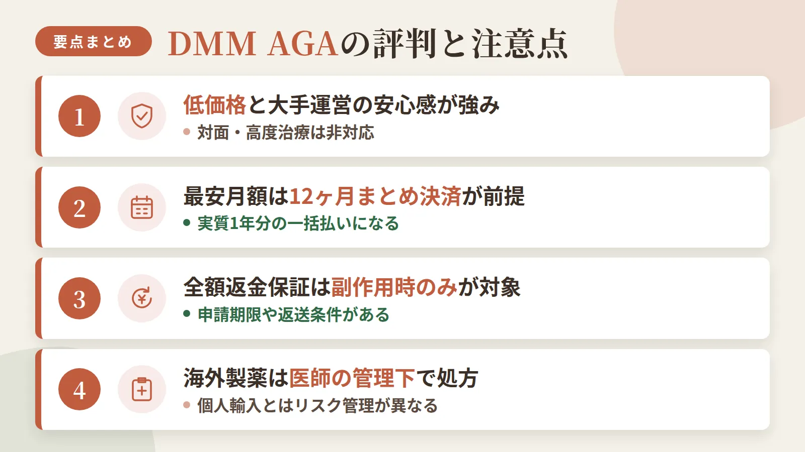 記事の要約: DMM AGAは低価格と大手運営の安心感が強み、対面・高度治療は非対応 / 最安月額は12ヶ月まとめ決済が前提、実質1年分の一括払いになる / 全額返金保証は副作用時のみが対象、申請期限や返送条件がある / 海外製薬は医師の管理下で処方され、個人輸入とはリスク管理が異なる