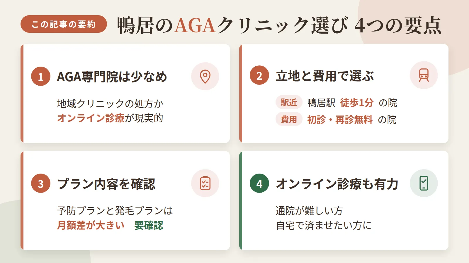 記事の要約: 鴨居エリアはAGA専門院が少なく、地域のクリニックの処方かオンライン診療が現実的 / 駅近で通うなら鴨居駅徒歩1分の院、費用を抑えるなら初診・再診無料の院が目安 / 予防プランは月3,000円台〜、発毛プランは月1万円前後〜と月額差が大きい / 通院が難しい方や自宅で済ませたい方はオンライン診療が有力な選択肢